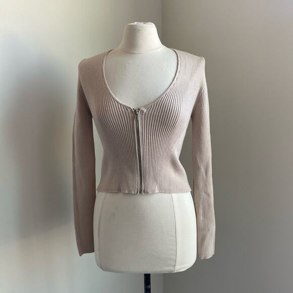 Forever 21 Sweaters - FOREVER 21 Cropped Full Zip Sweater Womens Large Tan Ribbed Boho Chic Festival